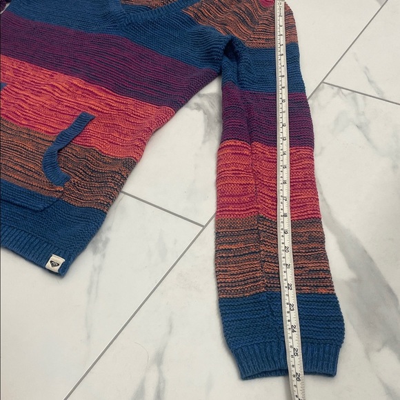 ROXY Yuma blue pink multicolor knit kangaroo pocket pullover hoodie Sz M - Picture 10 of 11